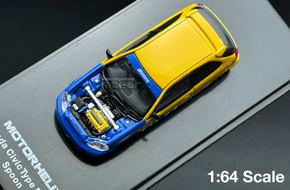 1/64 Motorhelix Honda EK9 Spoon Livery Yellow Blue Magnet Hood Diecast