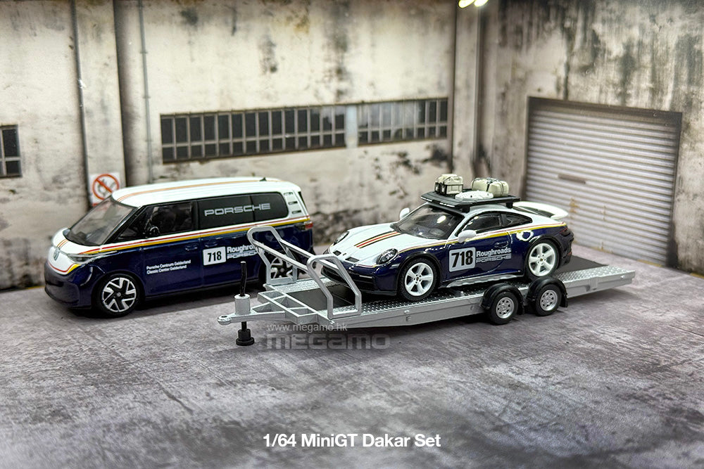 1/64 Mini GT S0019 Porsche 911 Dakar #718 VW ID. Buzz Trailer Set