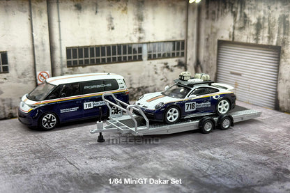 1/64 Mini GT S0019 Porsche 911 Dakar #718 VW ID. Buzz Trailer Set