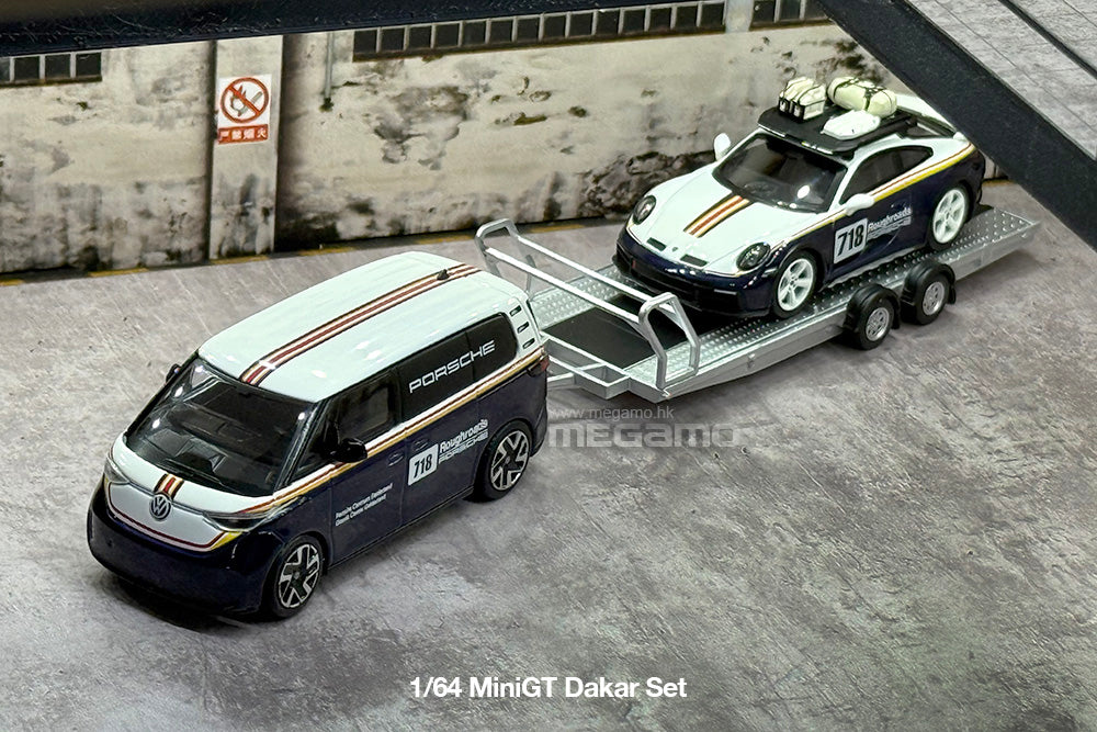 1/64 Mini GT S0019 Porsche 911 Dakar #718 VW ID. Buzz Trailer Set