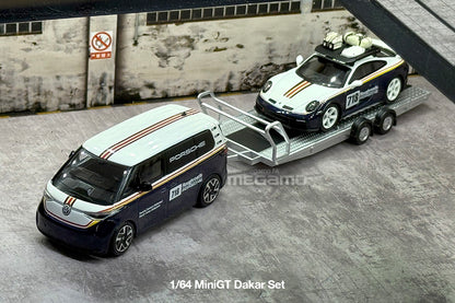 1/64 Mini GT S0019 Porsche 911 Dakar #718 VW ID. Buzz Trailer Set