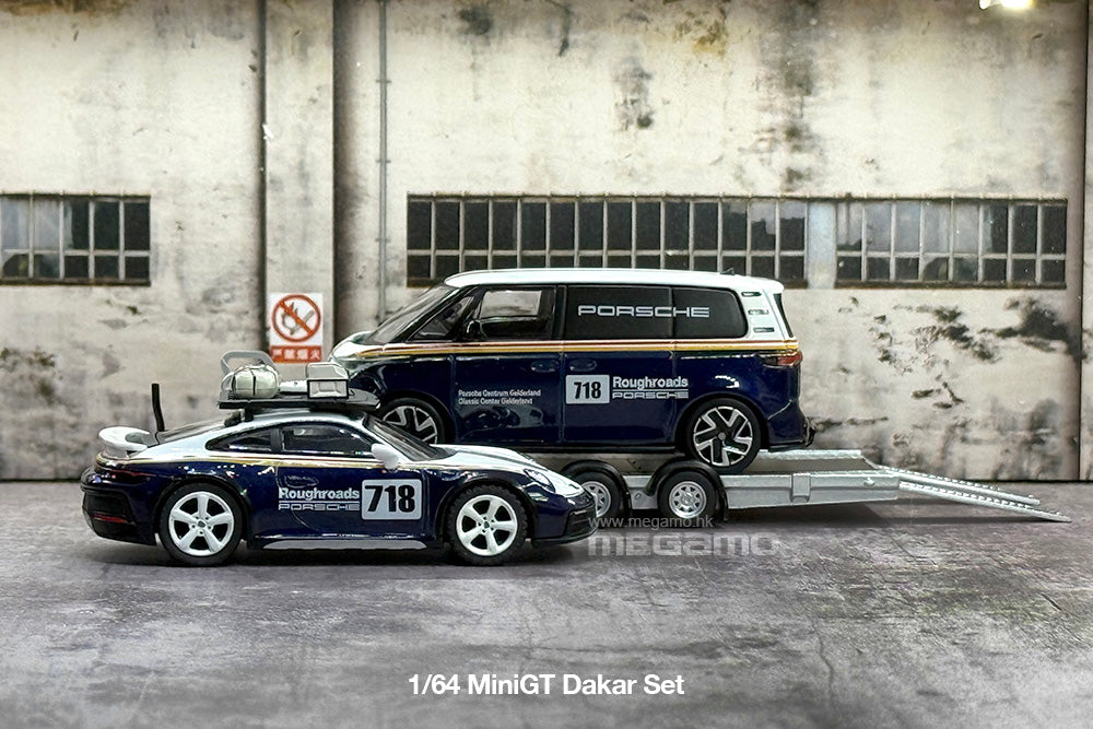 1/64 Mini GT S0019 Porsche 911 Dakar #718 VW ID. Buzz Trailer Set