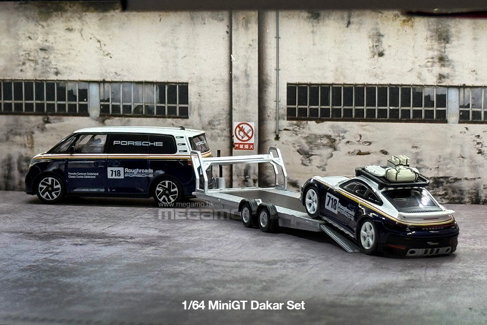 1/64 Mini GT S0019 Porsche 911 Dakar #718 VW ID. Buzz Trailer Set