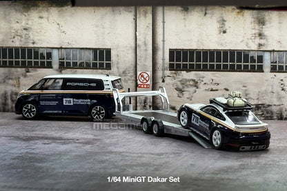 1/64 Mini GT S0019 Porsche 911 Dakar #718 VW ID. Buzz Trailer Set