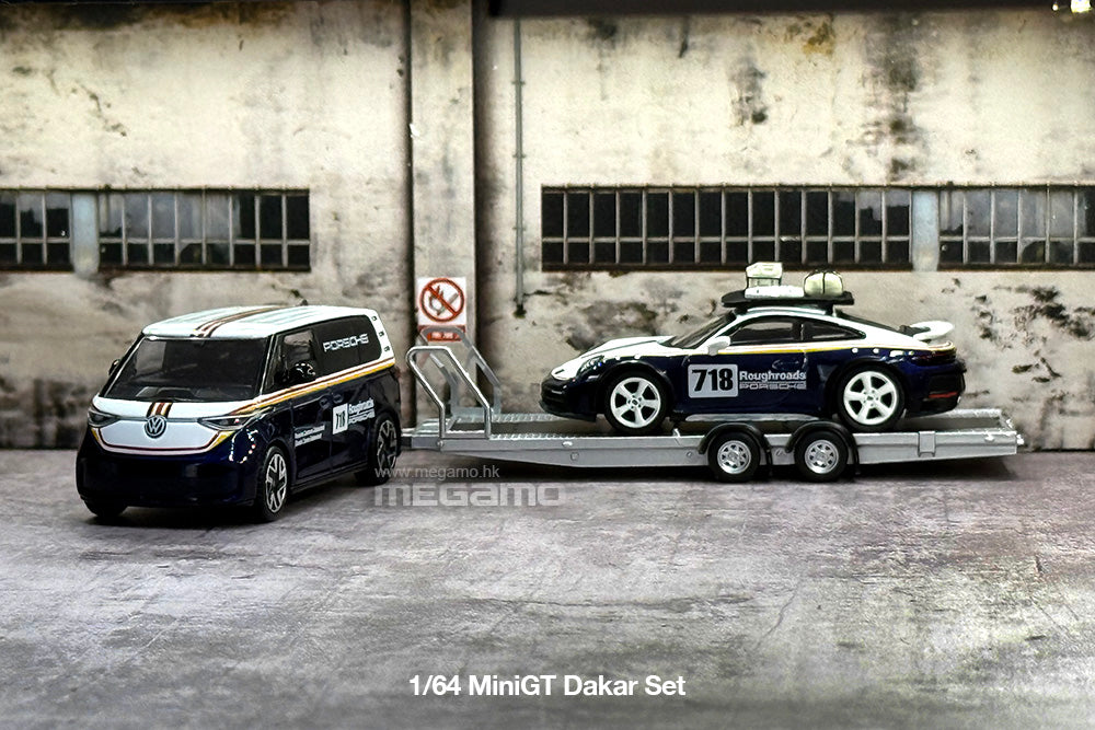 1/64 Mini GT S0019 Porsche 911 Dakar #718 VW ID. Buzz Trailer Set