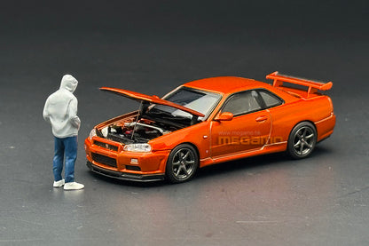 1/64 Motorhelix Nissan Skyline GT-R R34 V-Spec II Customized Orange Openable Bonnet Diecast