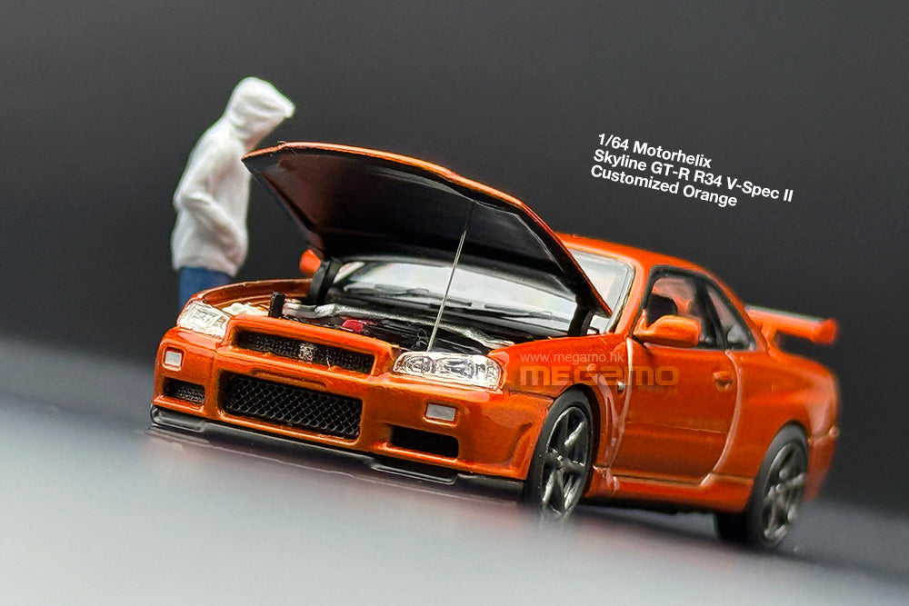 1/64 Motorhelix Nissan Skyline GT-R R34 V-Spec II Customized Orange Openable Bonnet Diecast