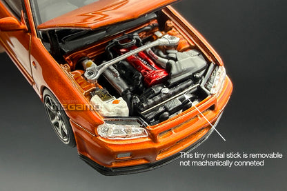1/64 Motorhelix Nissan Skyline GT-R R34 V-Spec II Customized Orange Openable Bonnet Diecast