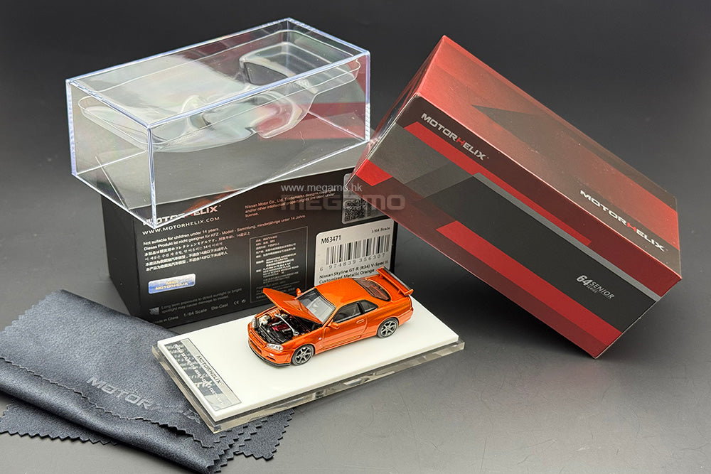 1/64 Motorhelix Nissan Skyline GT-R R34 V-Spec II Customized Orange Openable Bonnet Diecast