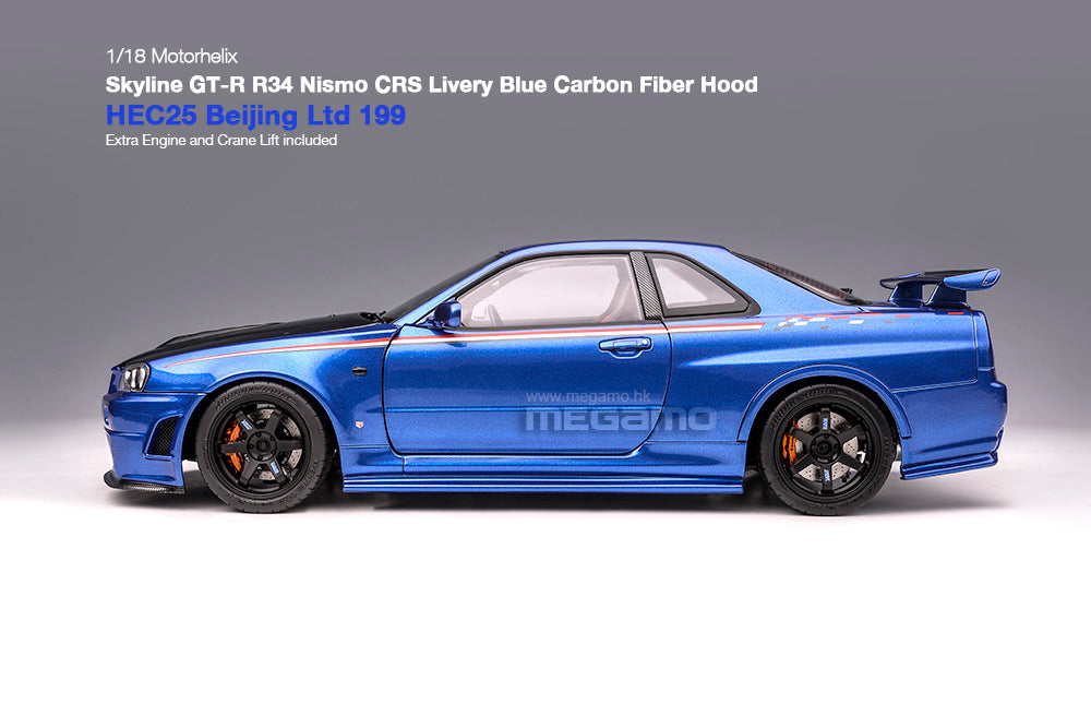 1/18 Motorhelix Nissan Skyline GT-R R34 Nismo CRS Livery HEC 2025 EXPO Beijing Blue Silver Carbon Fiber Hood Ltd 199 JDM Full Open Diecast with Engine Model